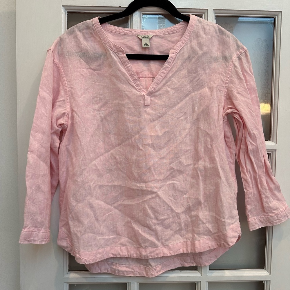 Vintage L.L. Bean Soft Light Blush Pink V-Neck 100% Linen Blouse Tunic Size S